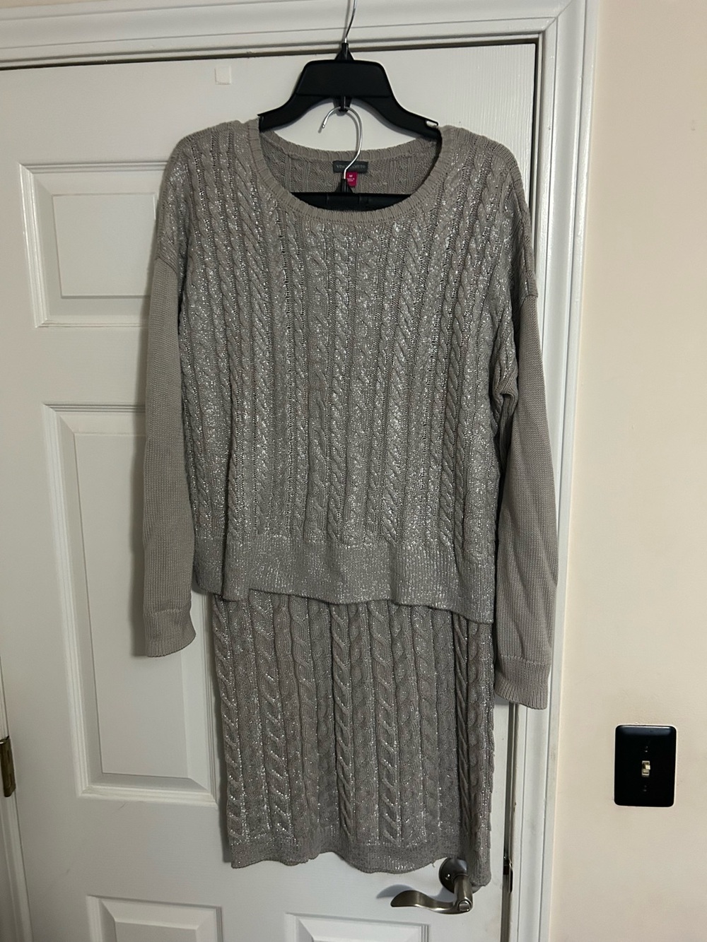 Vince Camuto Metallic Cable Knit Two-Piece Sweater Set - Taupe